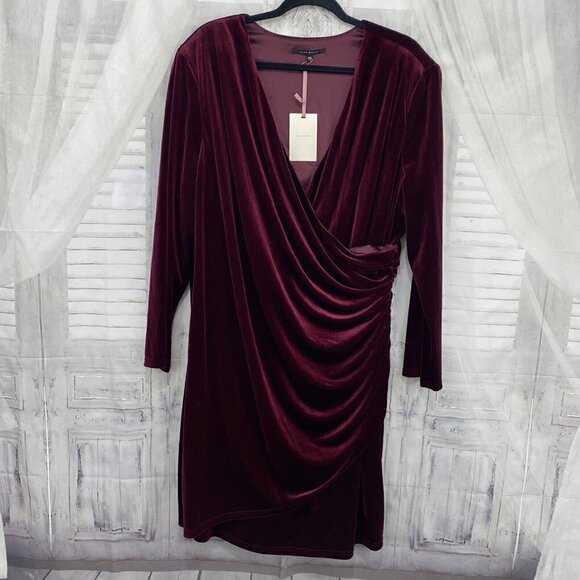 Alex Marie Plus Long Sleeve Mahogany Red Velvet Ruched Faux Wrap Dress Formal - Picture 3 of 11